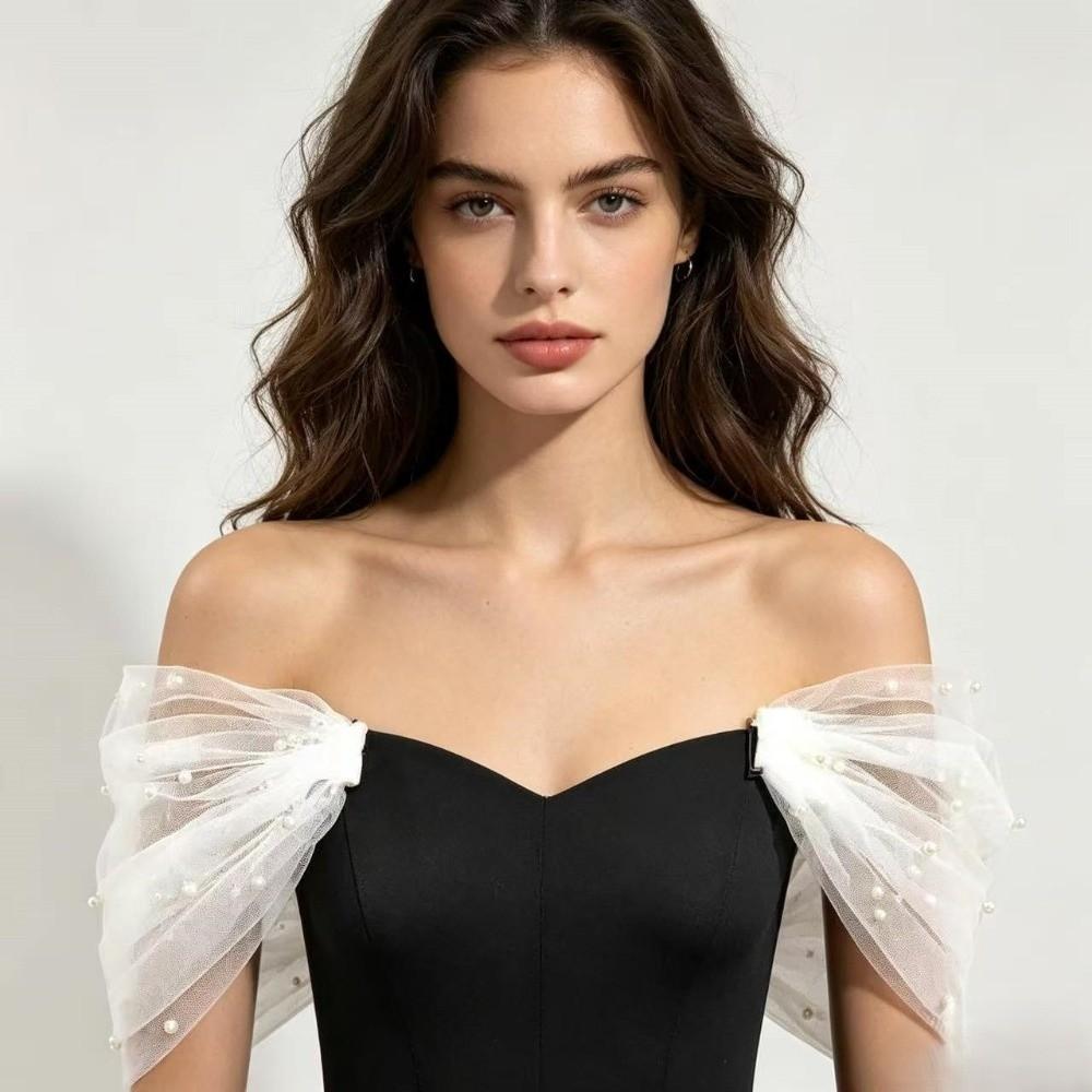 Solid Color Off Shoulder Sleeves With Pearls Detachable Shoulder Straps  Party