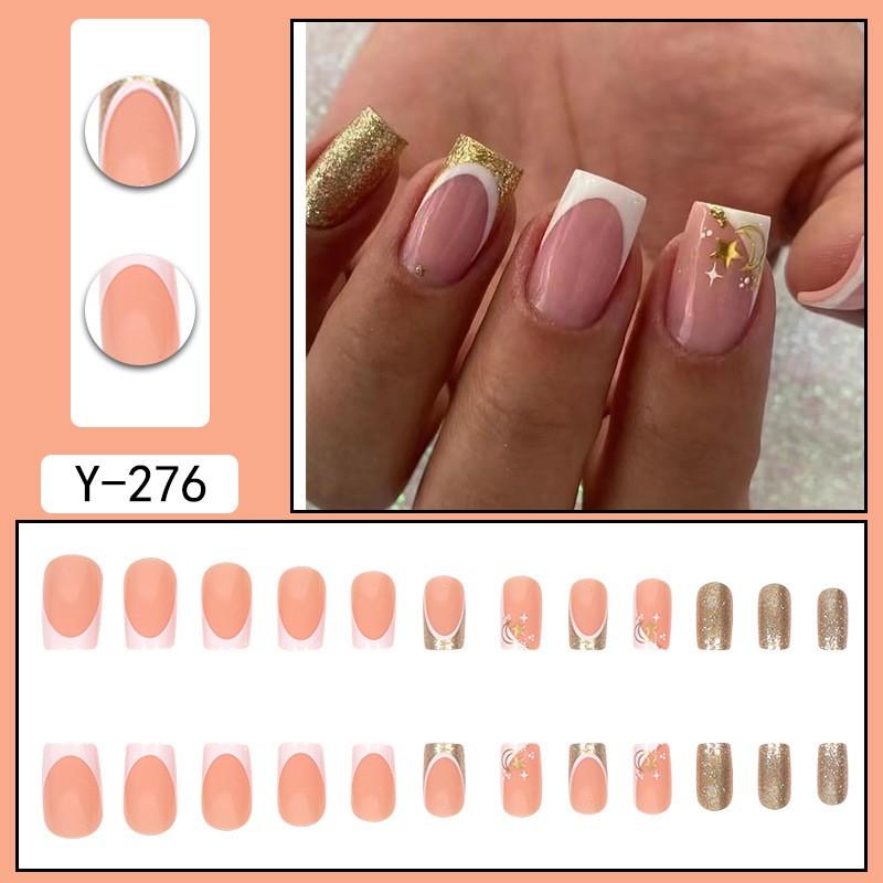 Flashy Medium-Length French Press-On Nails With Star Moon Design Ins Style Trendy False Nail Tips