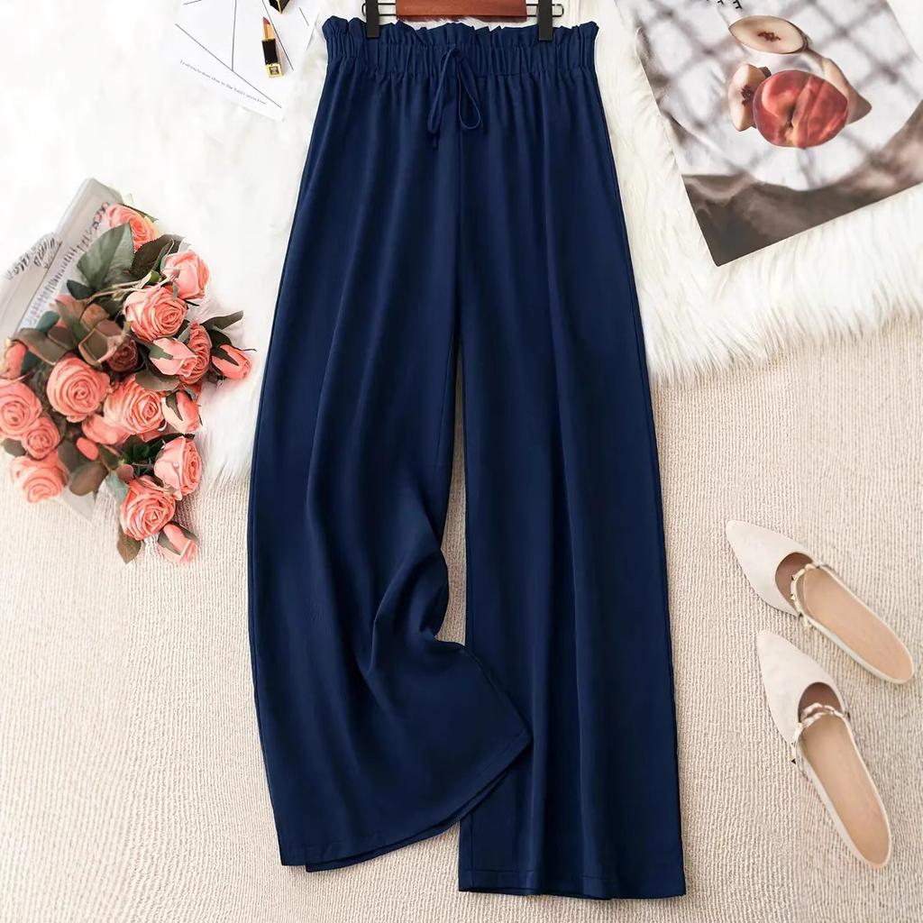 Women Fashion Solid Color Wide Leg Pants Female Casual Elegant Drawstring High Waisted Loose Long Trousers