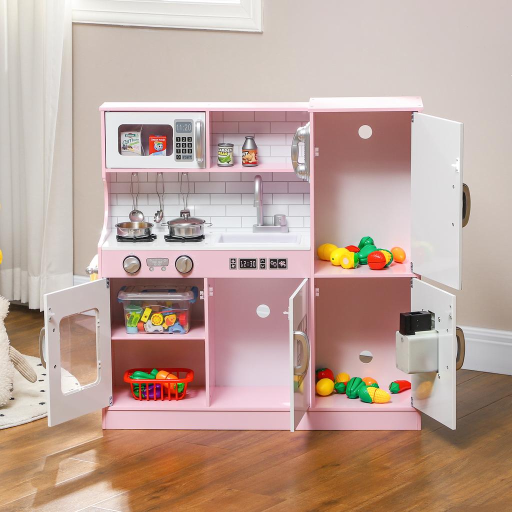 Rollenspielküche, Kinderspielküchenset, mit Spielzeittelefon, Tafel, Mikrowelle, Herd, Spüle, Rosa