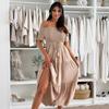 New, Summer One-word Shoulder Solid Color Short-sleeved Waist Strap Splicing Dress Women