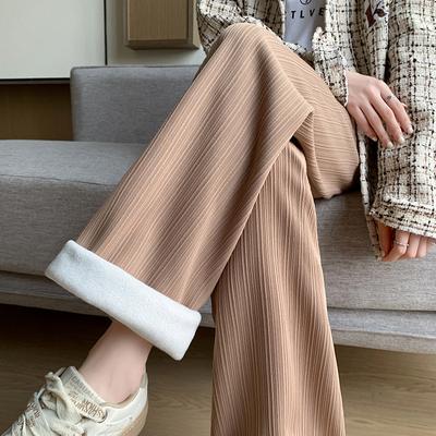 Fall Winter Warm Sweatpants Women Casual Fleece Lined Baggy Wide Leg Pants Korean Thicken High Waist Pleated Straight Pantalones