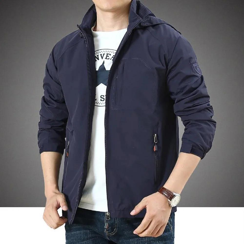 Men's Outdoor Jacket Windproof Hooded Zipper Jacket Coat Spring Autumn Waterproof Breathable Camping Hiking Outwear