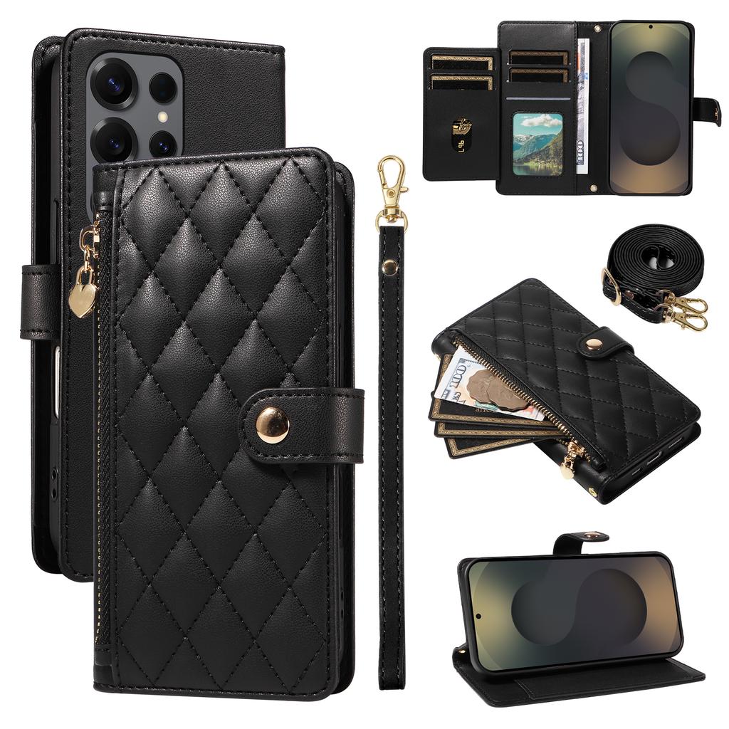 For Samsung Galaxy S25 Ultra Wallet Case with Straps,Rhombus Leather Stand Phone Cover
