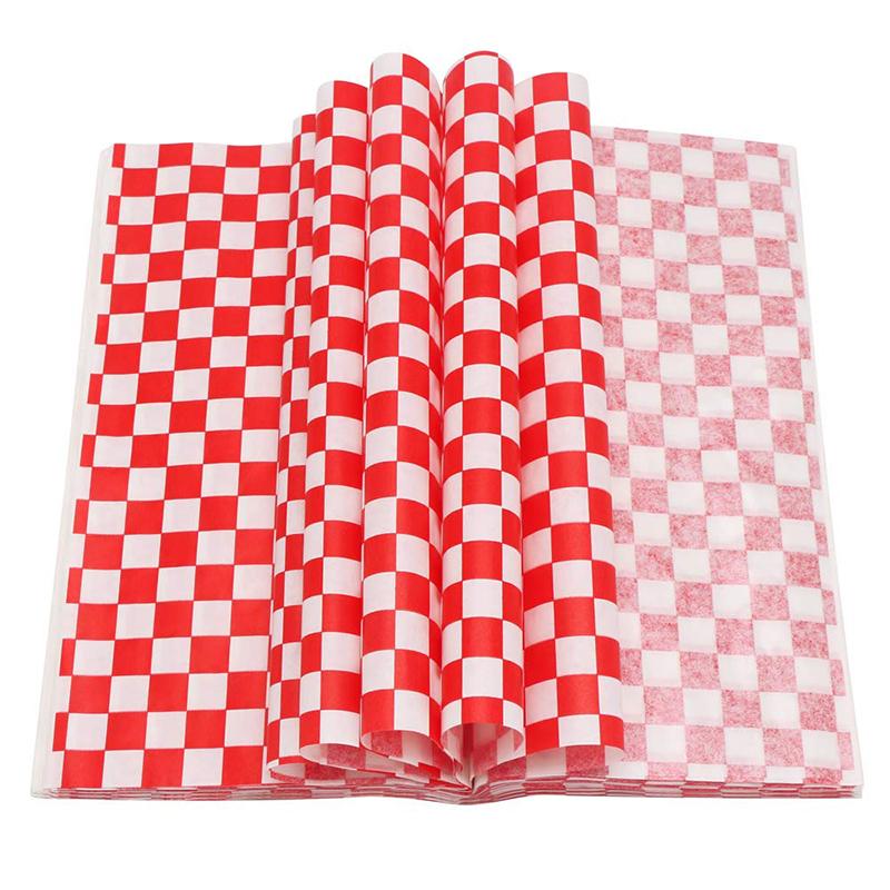 25 Sheets Checkered Sandwich Wrappers, 9.8" x 9.8" Dry Wax Paper, Grease Resistant Black Red Burger Food Basket Liner Oilpaper