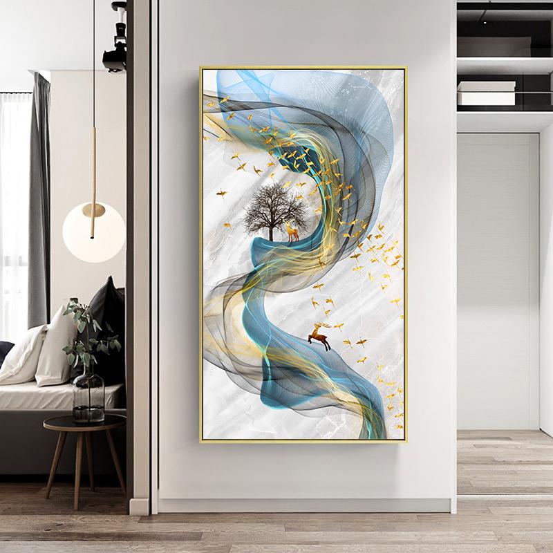 Nordic Geometric Wall Art Canvas Painting Abstract Golden Deer Birds Posters and Prints Wall Pictures for Living Room Home Decor
