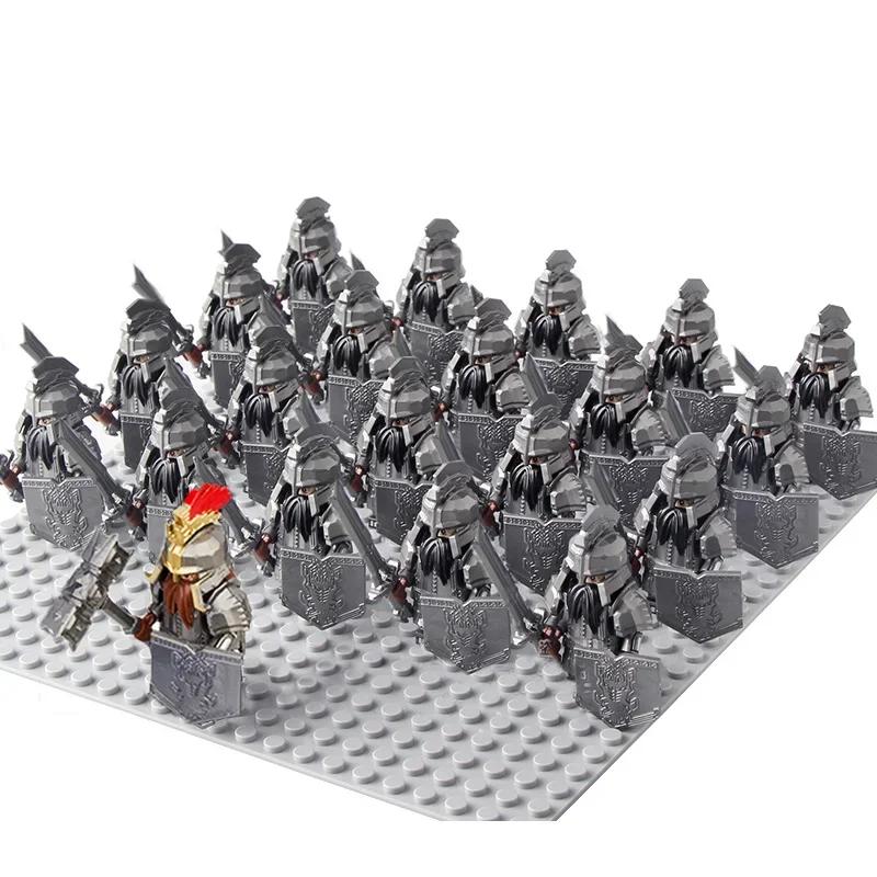 21Pcs/lot Dane Iron Feet Eomer Rohan Warriorr Vs Uruk Hai Army Figrues With Shield Sword Bow Spear Building Blocks Toys for Kids