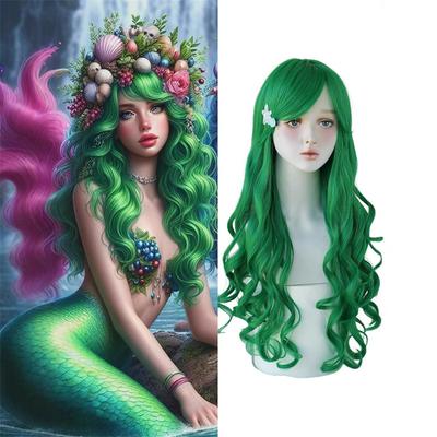 Damen Cospaly Perücken Kunstfaser Lange Wellige Perücke Mädchen Meerjungfrau Halloween Kostüm Perücke Anime Themenparty Hitzebeständig