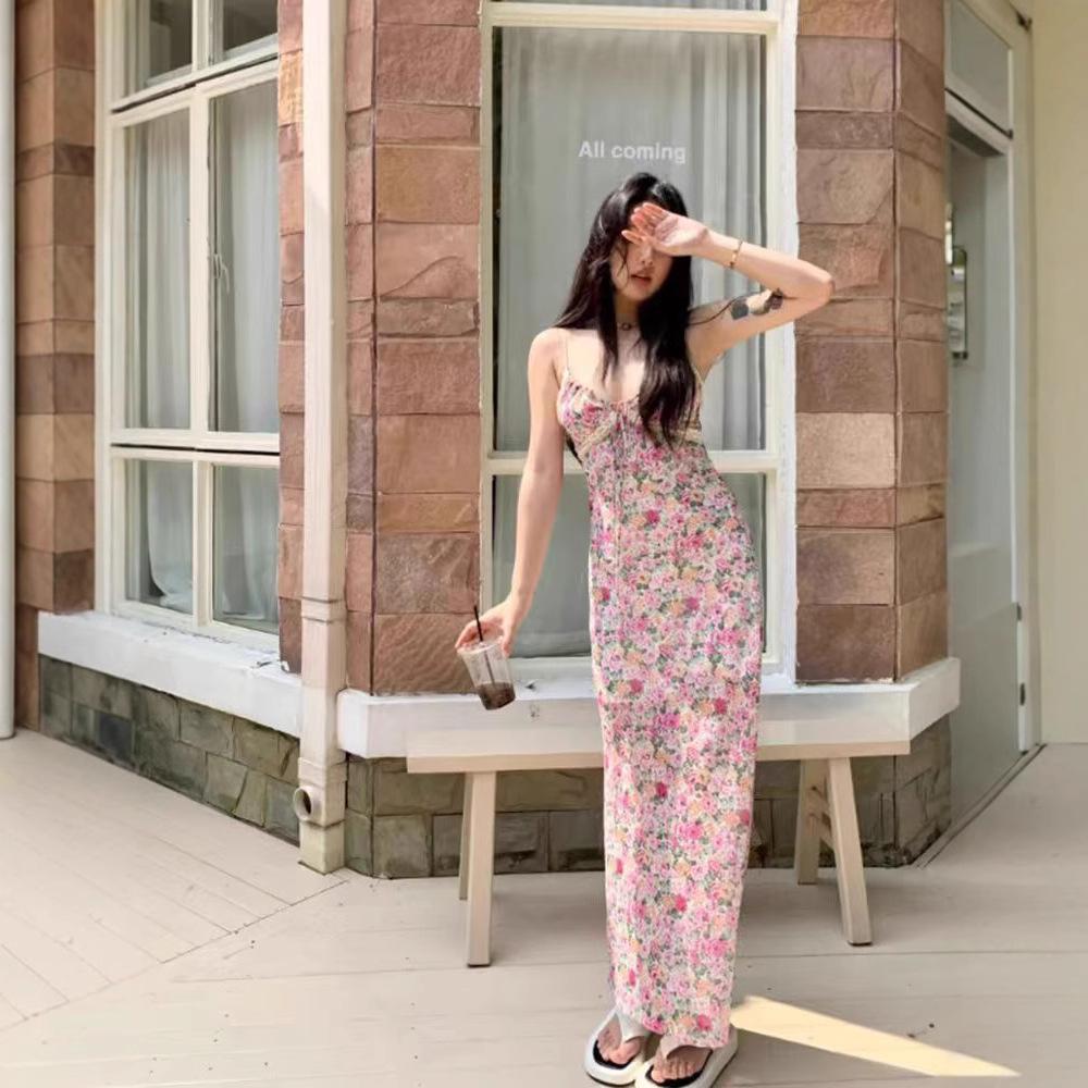 Sexy Spice Girl Lace Edge Floral Suspender Dress Women's Summer New Slim Straight Vacation Style Medium and Long Skirt