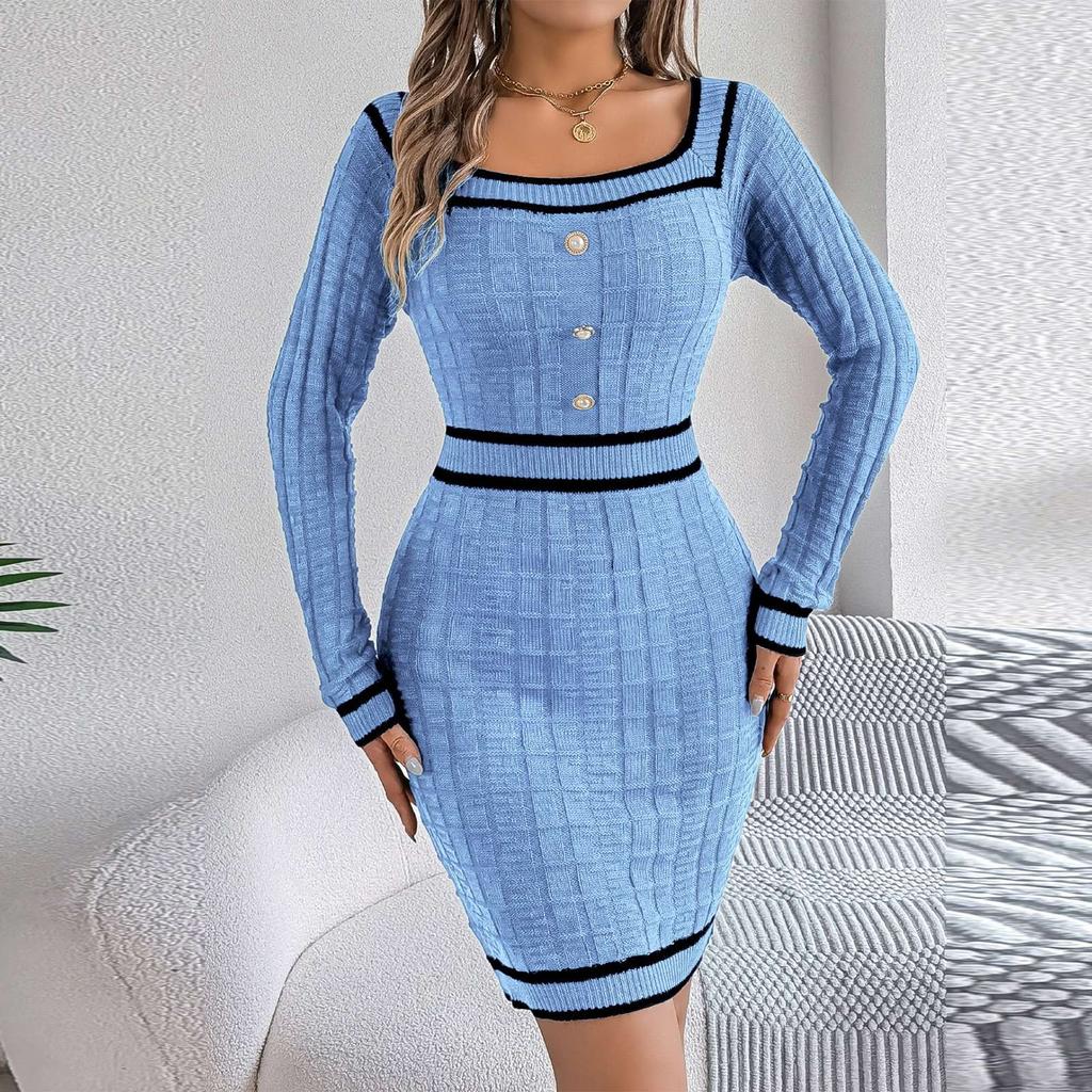 Women's Fashion Retro Colorblock Square Neck Button Long Sleeve Sweater Hip Dress