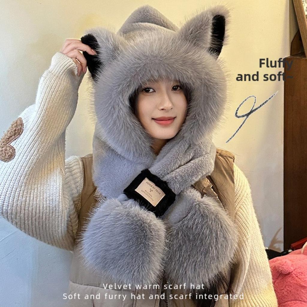 Plush Cute Fox Ear Hat Scarf One-piece Women's Autumn and Winter Hooded Scarf for Cycling and Keeping Warm