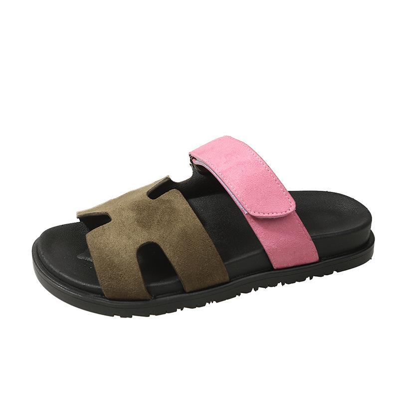 Classic large size slippers women's one-word color matching casual versatile thick-bottomed Velcro fashion beach cool slippers