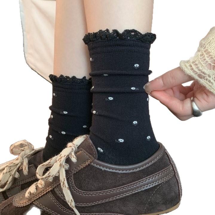 Women Spring Autumn Winter Cotton Socks,Floral Lace Calf Socks,Breathable Vertical Strip Thin Medium Tube Boneless Versatile Casual Socks