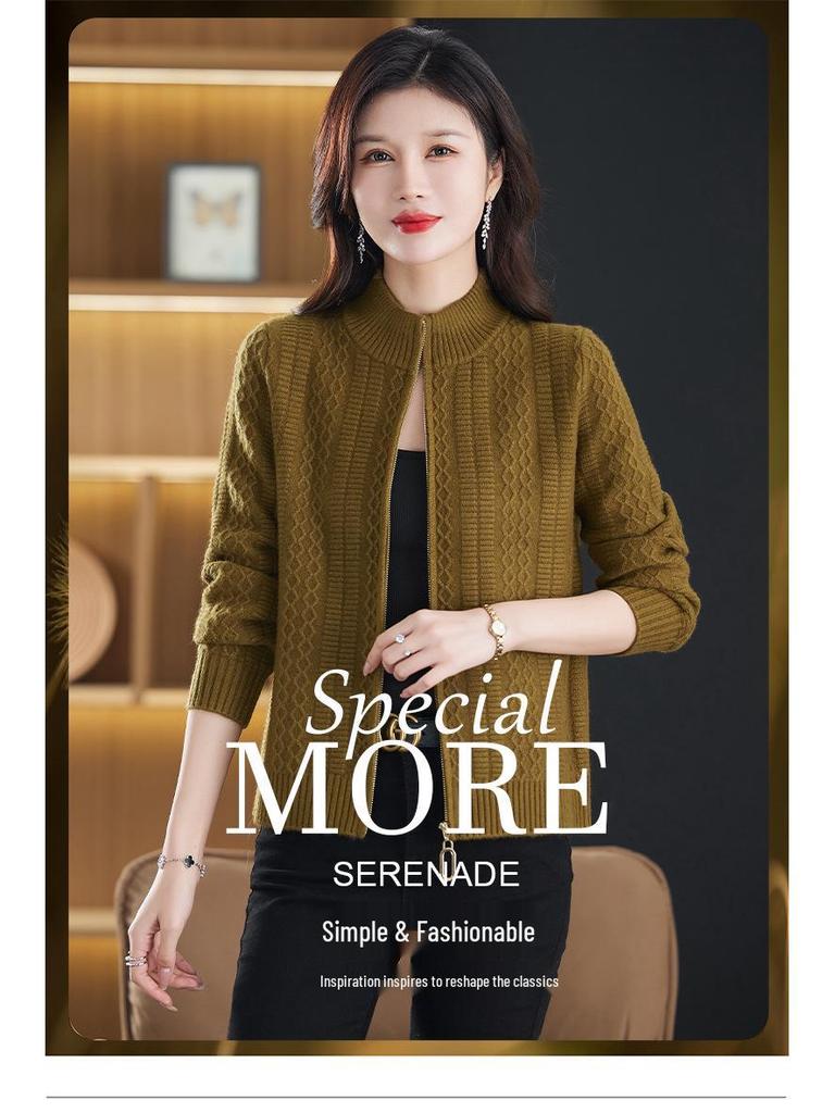 2025 Herbststil Damen Stehkragen Reißverschluss Strickjacke Pullover für Mütter mittleren Alters