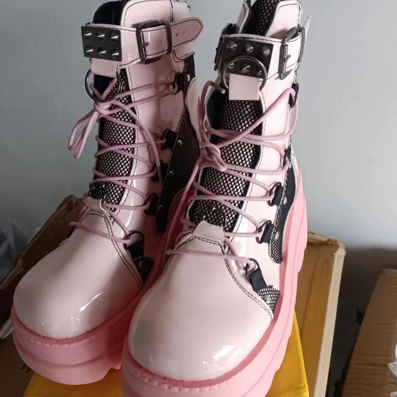 Novo Design Botas Punk Góticas para Motociclista Plataforma Salto Alto Grosso Cano Curto Botina Feminina Cool Salto Anabela Sapatos Femininos Pretos