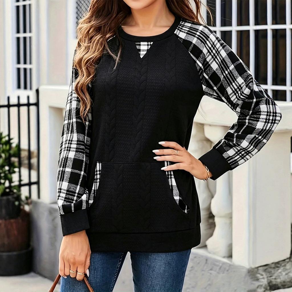 Women's Casual Plaid Crewneck Long Sleeve Sweatshirt with Pockets Loose Fit Top