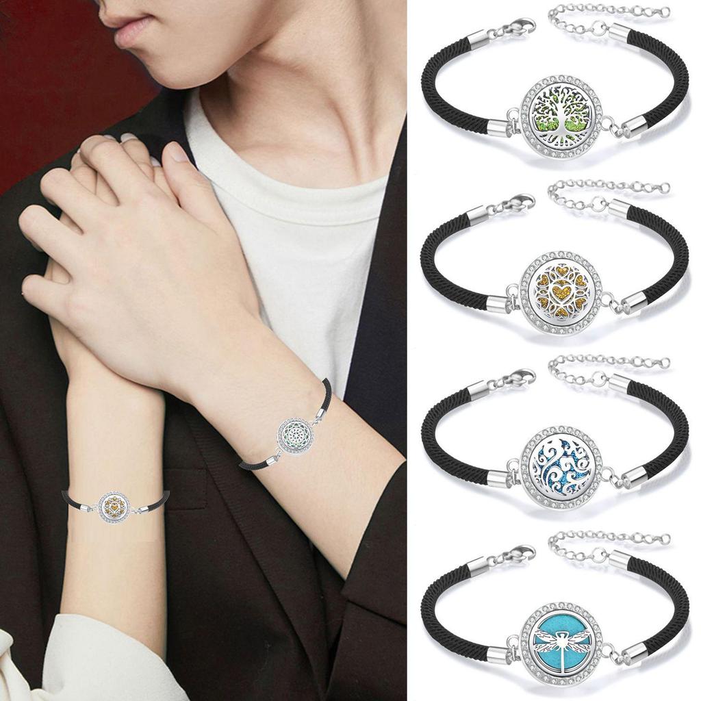 Diamond Inlaid Aroma Diffuser Bracelet: Adjustable Black Rope Wristband for Women