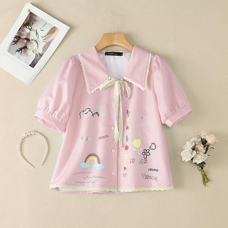 ZANZEA Women Lace Splice Turn Down Collar Casual Short Sleeve Print Blouse