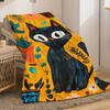 Black Cat with Floral Background Artistic Fleece Blanket Vibrant Yellow Orange Pattern Soft Plush Throw Blanket for Home Decor