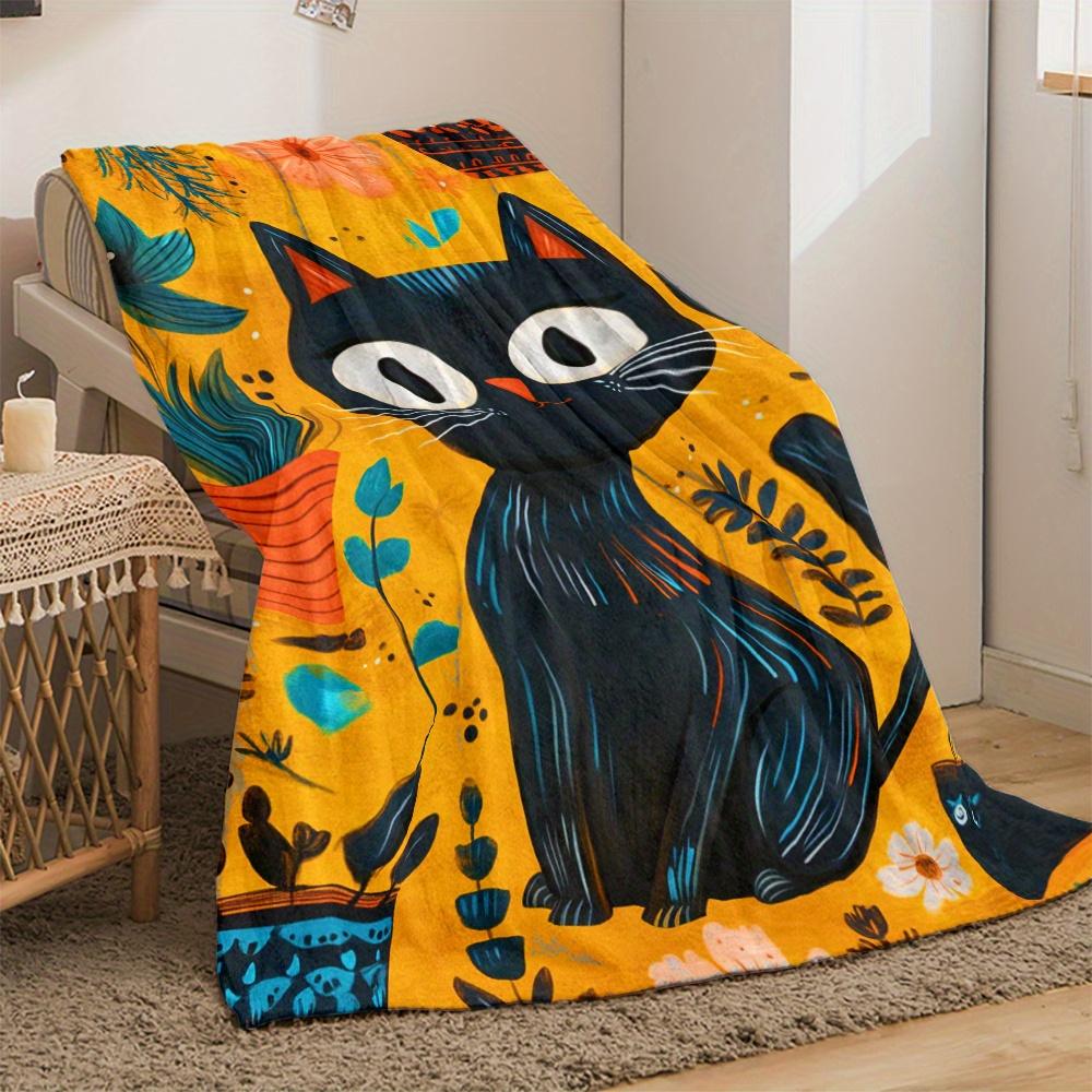 Black Cat with Floral Background Artistic Fleece Blanket Vibrant Yellow Orange Pattern Soft Plush Throw Blanket for Home Decor