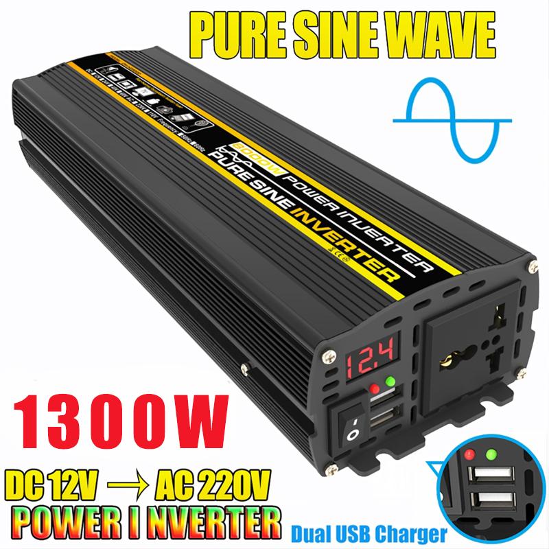 Pure Sine Wave Power Inverter DC12V To AC 220V 1300W Converter Intelligent Digital Display Voltage Transformer Car Home Outdoor