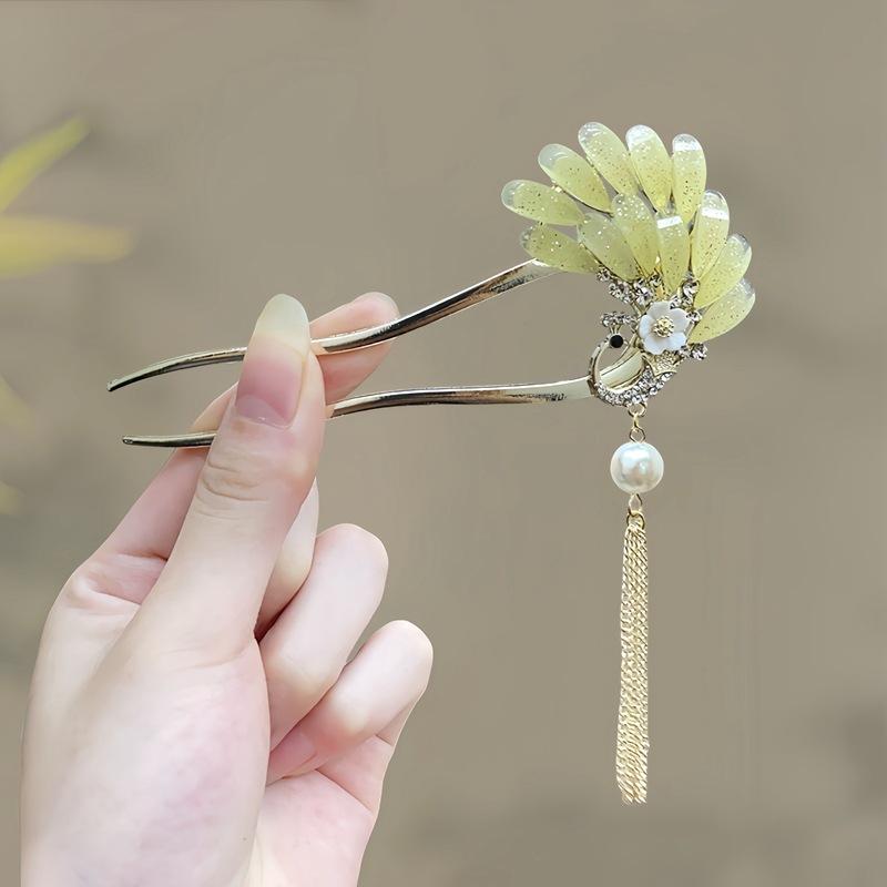 Antique Butterfly Flower Bamboo U-shaped Hairpin Super Fairy Retro Pearl Fringed Hairpin Hanfu Ancient Hairpin Accessories