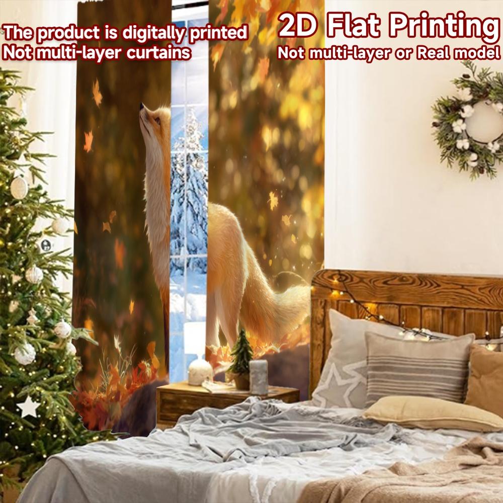 2pcs, 2D FLAT PRINTING Curtains (Without Rod) Autumn Fox Christmas holiday curtains with digital printing Versatile Durable