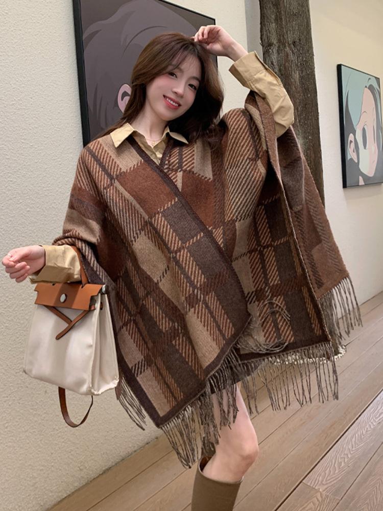 Imitation Cashmere Women Scarf Winter Ladies Vintage Plaid Tassel Poncho Warm Female Wrap Blanket Capa Para Mujer Pashmina Shawl