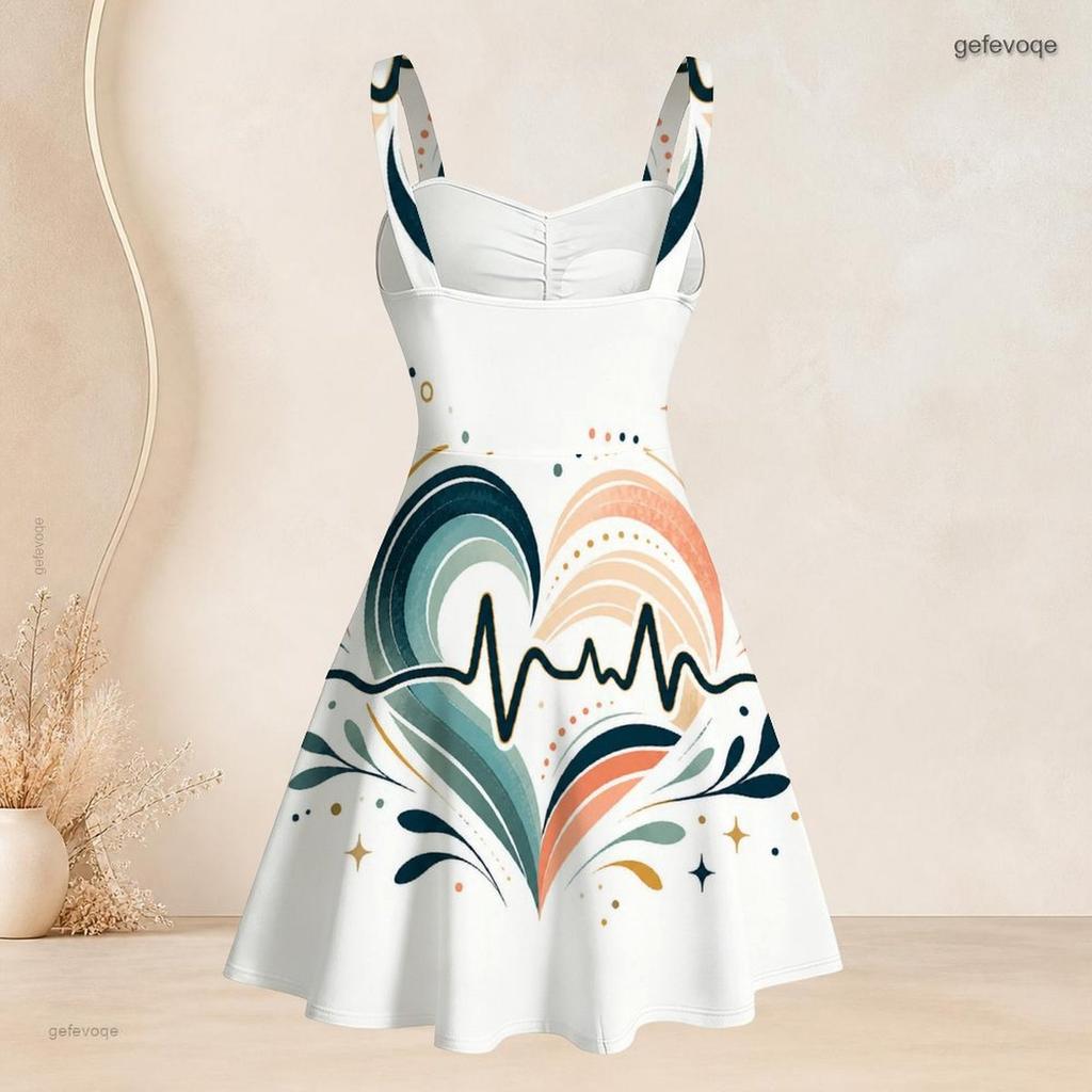 Women Plus Size Spaghetti Strap Off Shoulder Dress Modern Abstract Geometric Rainbow Leaf Print Swing Dress
