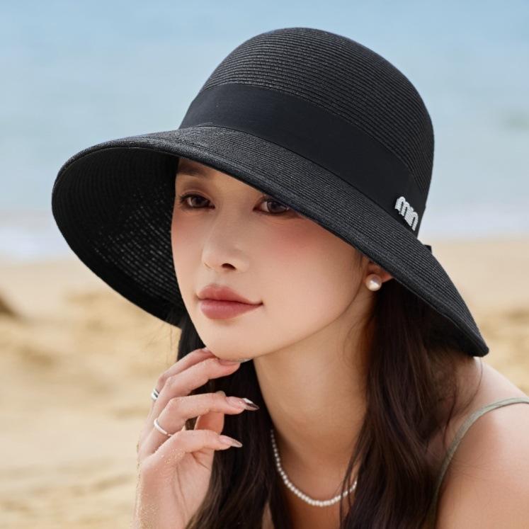 Spring and Summer Bow Webbing Sunshade Straw Hat Women's Wide-brimmed Beach Hat Versatile Vacation Sunscreen Bucket Hat