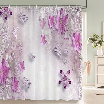 Rideau de Douche Imprimé Fleurs Style Rétro Européen 3D Polyester Imperméable Décoration de Maison Rideau de Salle de Bain avec Crochet 180X200Cm