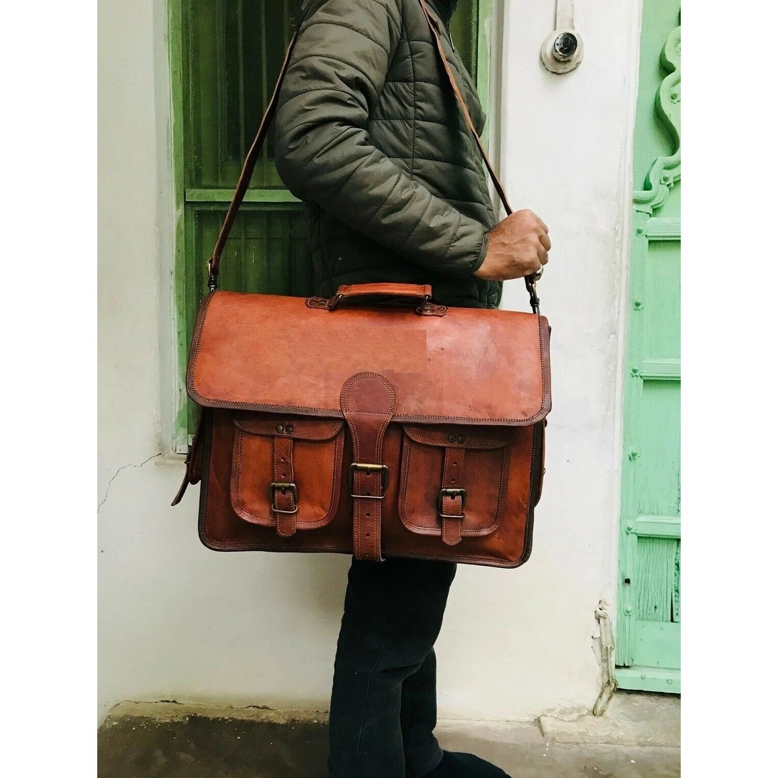 

Сумка Плечевая Портфель для Ноутбука Мужская Винтажная Кожаная Мессенджер 15 x 11 x 4 in