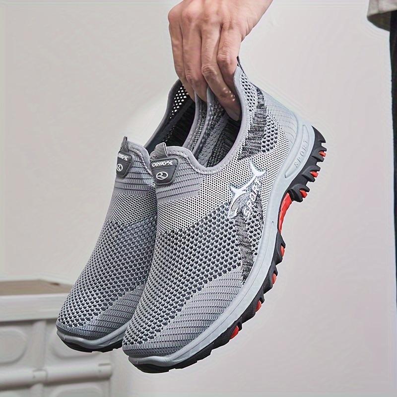 Men'S Breathable Mesh Sneakers, Slip-On Athletic Shoes, Solid Color Fabric Upper, Rubber Sole, Round Toe, Low Top, Casual Sports Style