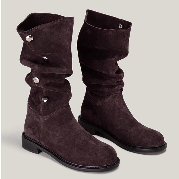 Niche Button Foldable Slim Pile Boots But Knee Leather Boots Two Wear Women's Medium Tube Knight Boots Long Tube Martin Boots