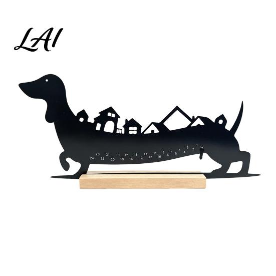 Magnetic Advent Calendar 24‑Day Christmas Countdown Dachshund Decor Metal Silhouette Ornament Funny Tabletop Decoration with Wooden Base Holiday