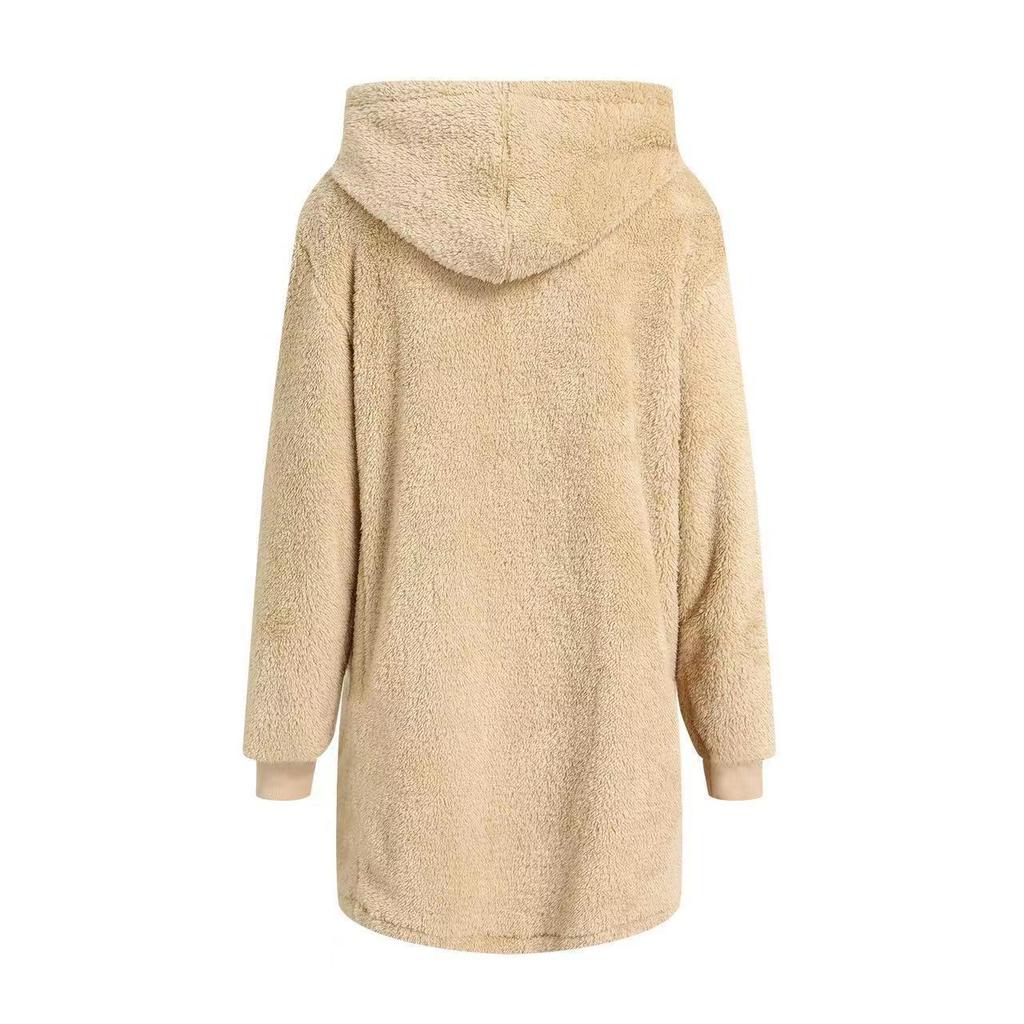 **Winter Loose Plush Women's Long Sleeve Hooded Zip Up Cardigan Jacket Fuzzy Fleece Coat**