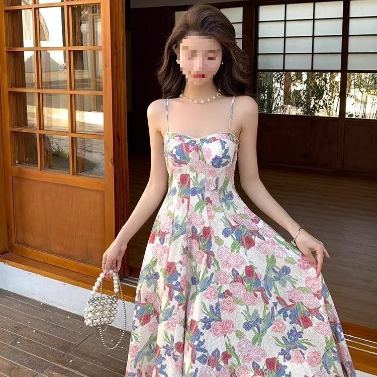 [Original practice + zipper] Retro floral suspender dress female summer fairy beach dress high sense