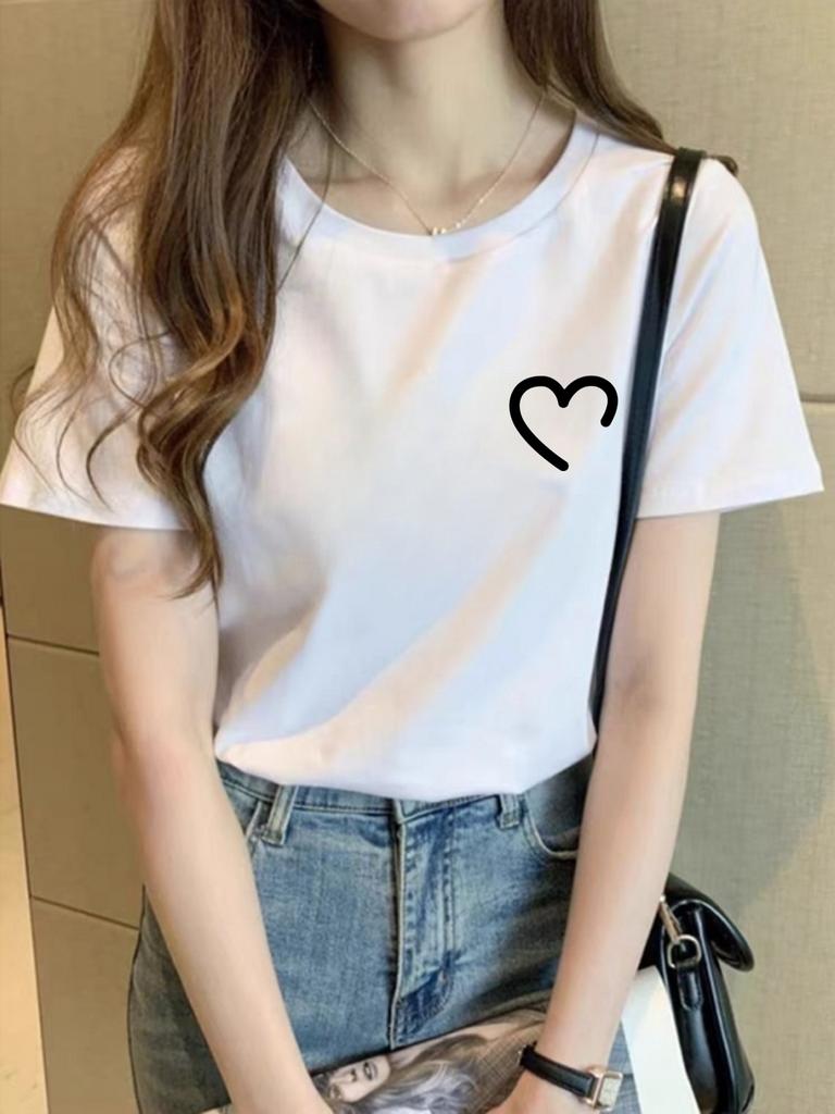 Heart Graphic Top Women Funny Crew Neck Short Sleeve Summer Harajuku Print Women Top Simple Line Pattern Women High Quality Tee
