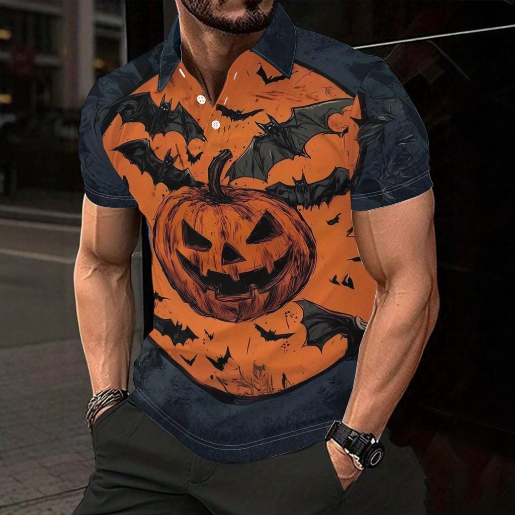 Polo homme motif citrouille Halloween, polo homme avec col