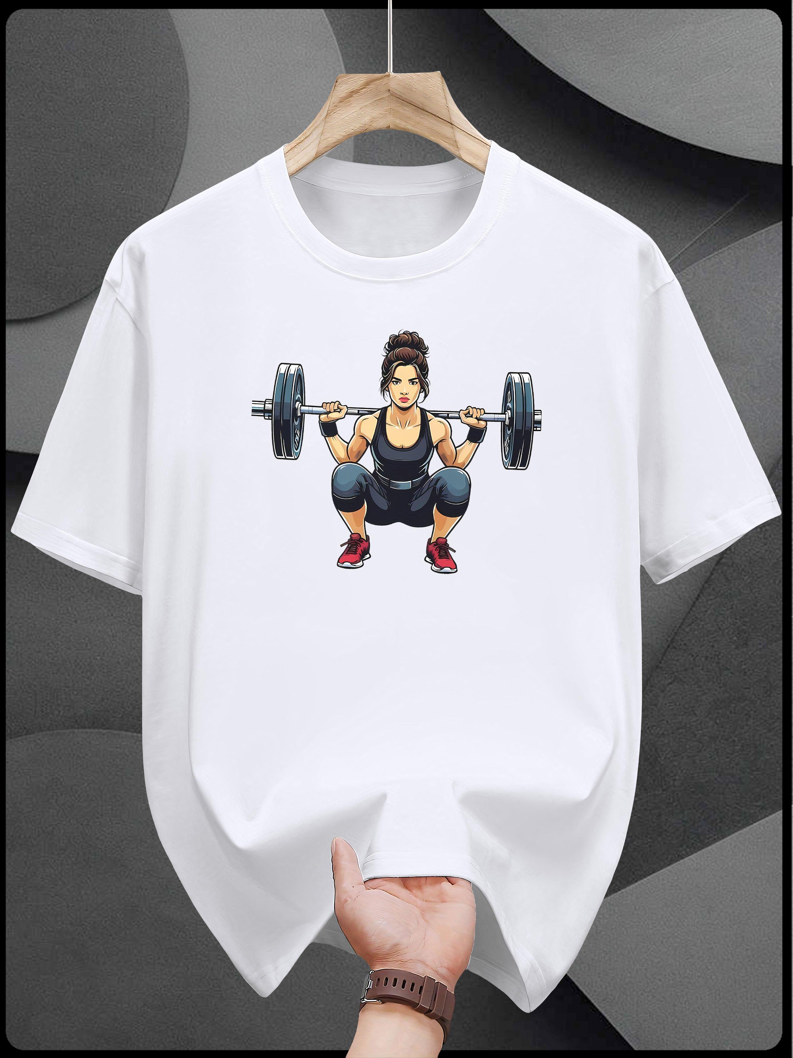 

Graphic Print T-shirt - Black Casual Short Sleeve Round Neck Summer Tee with Athletic Weightlifting Design M