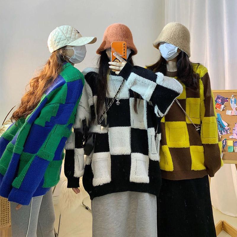 

Винтажный клетчатый свитер в шахматную доску, женский осенне-зимний утолщенный верх, свободный пуловер с напуском, свитер с круглым вырезом, топ