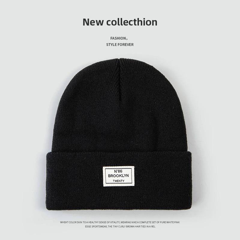Autumn and Winter Knitted Hat Niche Personality Fashion Melon Rind Wool Hat Warm Protection Amount Simple Letter Cloth Label Cold Hat