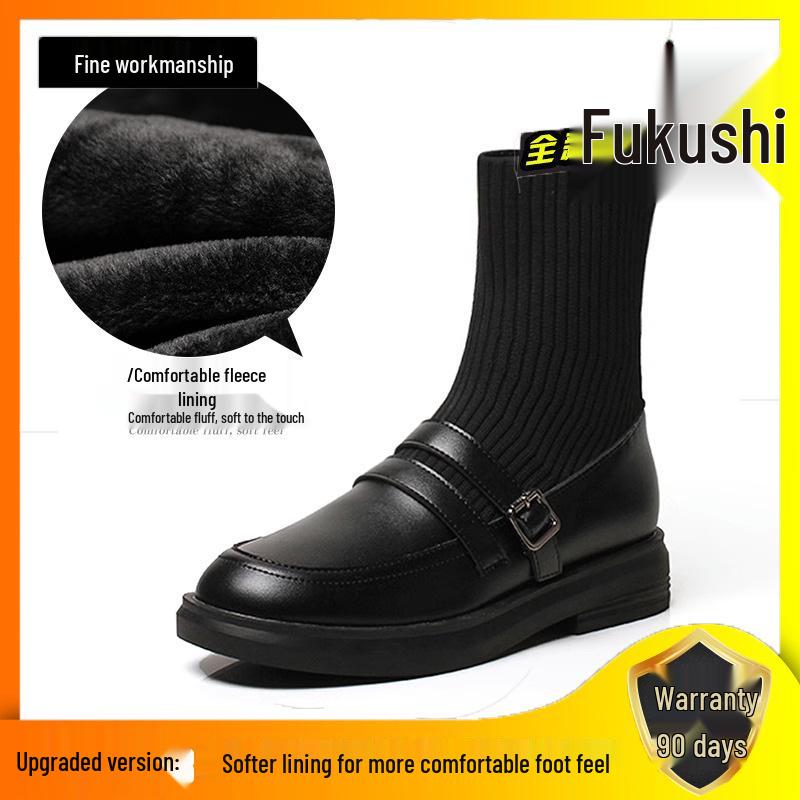 2024 Autumn/Winter Women s Knit Elastic Sock Boots: Thick-Sole Martin Boots with Velvet, Trending British-Style Ankle Boots 37