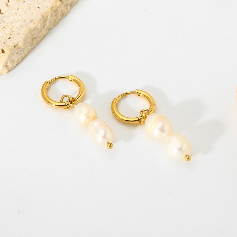 14K Gold Barockperlen Ohrringe - Damen Geometrischer Edelstahl Süßwasserperlen Anhänger