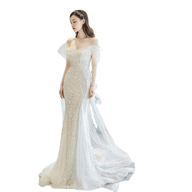 Fishtail Light Wedding Dress New Summer Bride One-word Shoulder Travel Photo Small Trailing Wedding Dress Annual Meeting Host Dress