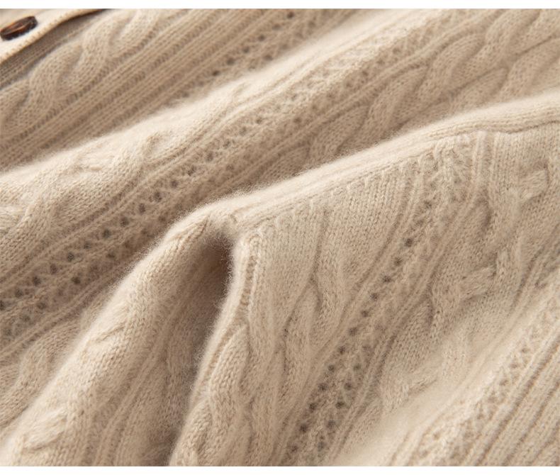 Women's Thickened Hollow-Out Cashmere Cardigan, Round Neck, Button-Up, Long Sleeve Wool Outerwear with Drop Shoulders.