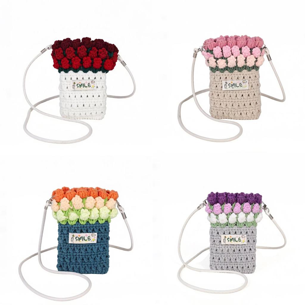 Knit Rose Pattern Mini Shoulder Bag With Phone Pocket For Daily Use