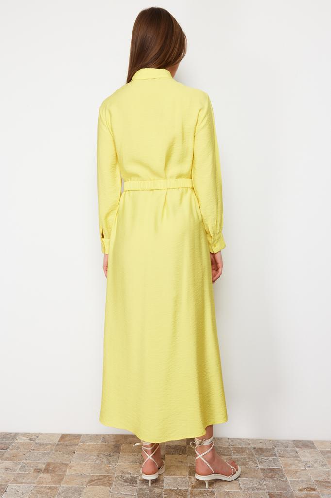 Moda feminina novo vestido hijab canela cintura elástica com cinto bolso vestido tecido detalhado