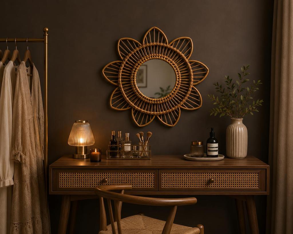 Eco Decx Handmade Sunflower Wall Mirror, Boho Rattan Cane Round Mirror for Bedroom, Hallway & Living Room Decor, 57 x 3 x 57 cm