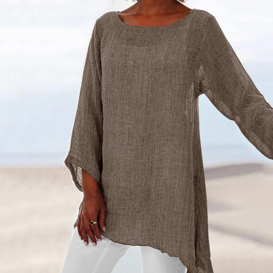 Casual Solid Color Long Sleeve Irregular T-Shirt Women Cotton Linen Tunic Top